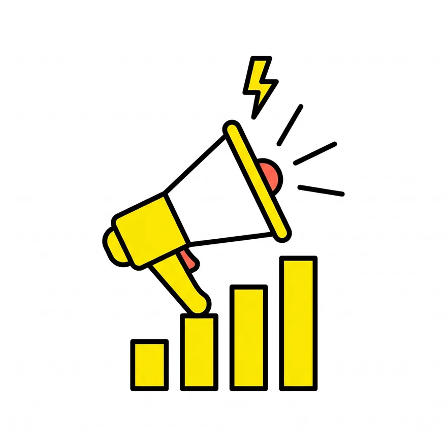 Megaphone on top of a rising bar chart, with a lightning bolt above it