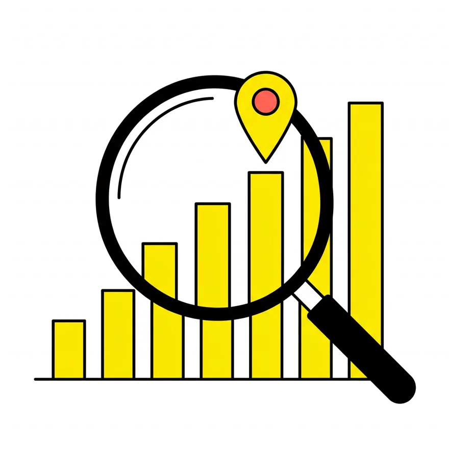 Magnifying glass examining a rising bar chart, with a map pin above the tallest bar
